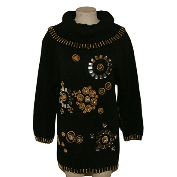 Vintage Sweaters - VINTAGE Black Beaded Cowl Neck Tunic Sweater sz S